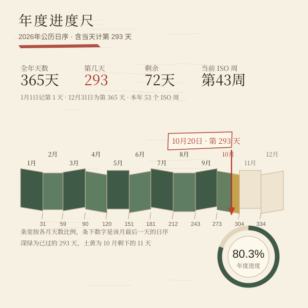 2026年年度进度尺:第 293 天在 365 天中的位置,进度 80.3%