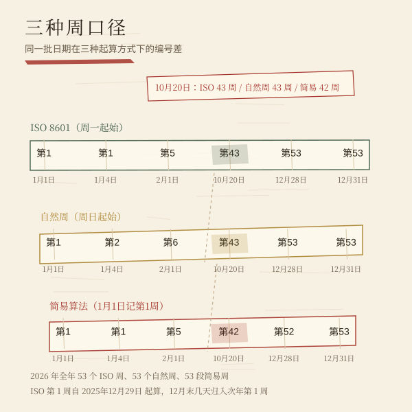 三种周口径对比示意:ISO 周、自然周、简易算法在年初与年末的错位天数