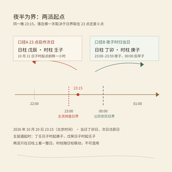 23 点后日界两种口径对照示意,分别指向当日与次日干支日柱